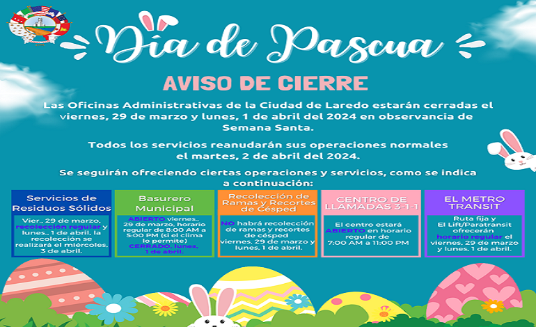 Aviso de Cierre de las oficinas municipales por el Día de Pascua