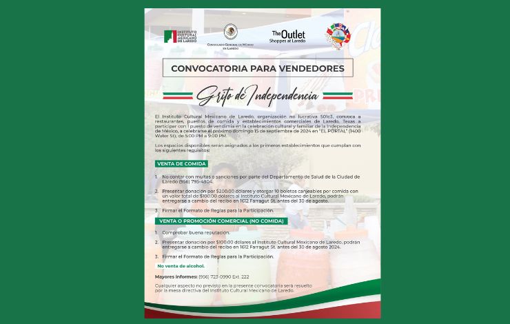 Convocatoria para Vendedores en el Grito de Independencia en Laredo